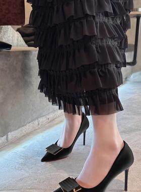 品味十度95218法式黑色高跟鞋女尖头细跟气质名媛方扣高级感单鞋