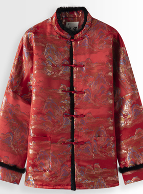 冬季中国风男装唐装男加厚水貂领江山图提花棉袄新中式盘扣棉服男