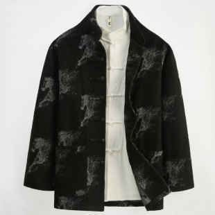 长袖 外套男改良中式 外套原创骏马印花盘扣上衣 中国风唐装 春秋新款