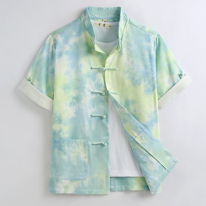 中国风短袖唐装男扎染印花彩虹男士上衣中式复古盘扣国潮夏季外套