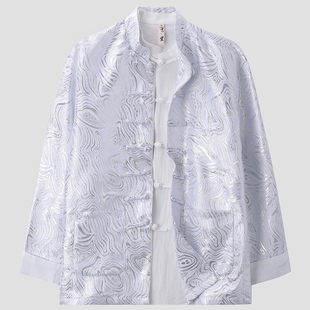 唐装男春秋款中国风男装新中式改良国潮立领水波纹长袖提花外套男