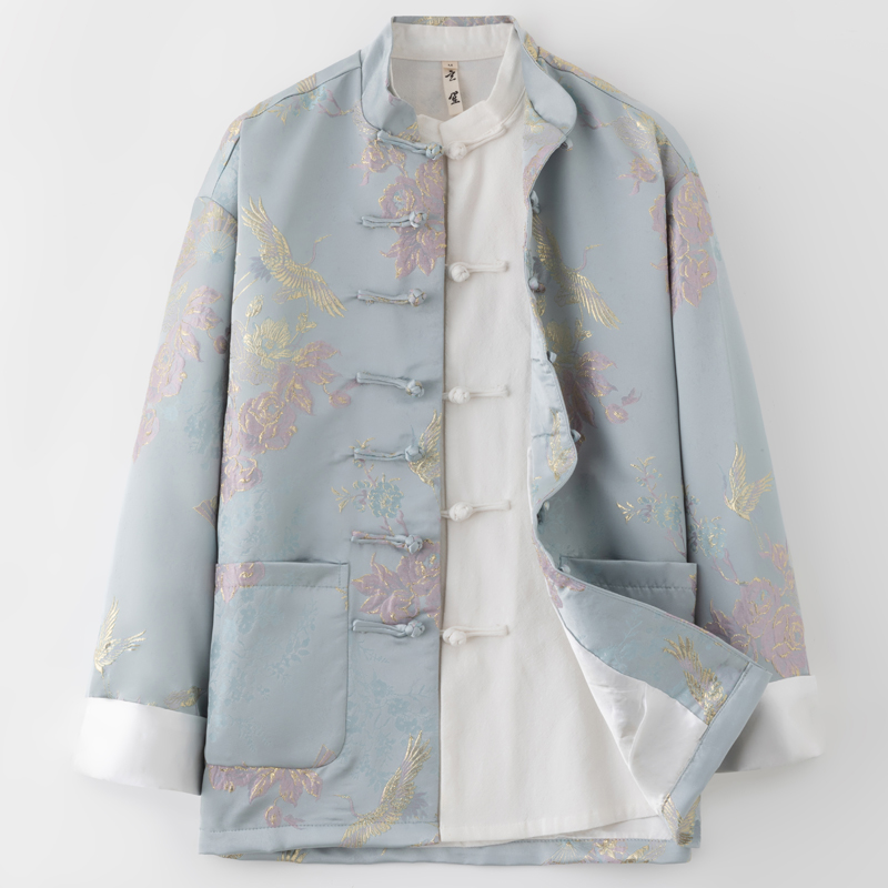 唐装男春季新款中国风男装中式改良盘扣荷花提花外套男潮印花上衣