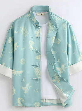 夏季唐装男虎鹤印花中袖开衫外套潮牌复古盘扣五分袖上衣男中国风