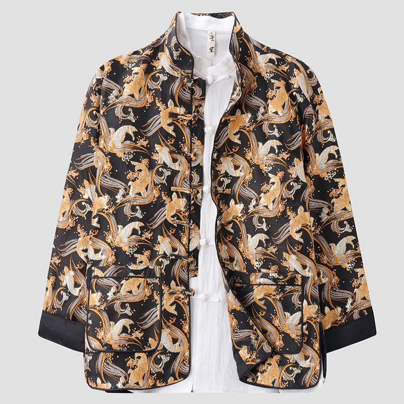 春秋季唐装男中国风立领宽松锦鲤提花外套男国潮中式复古改良上衣