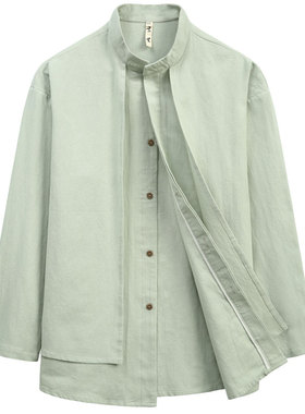 春秋款唐装男苎麻中式衬衫中国风男装全麻上衣大码宽松长袖打底衫