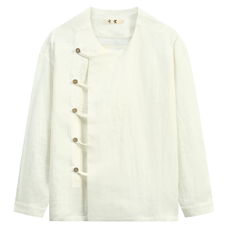 玄笙圆领纯亚麻衬衫男斜门襟