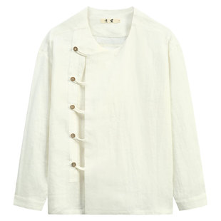 复古风斜襟棉麻古装 秋季 圆领改良上衣唐装 男中式 中国风纯亚麻衬衫