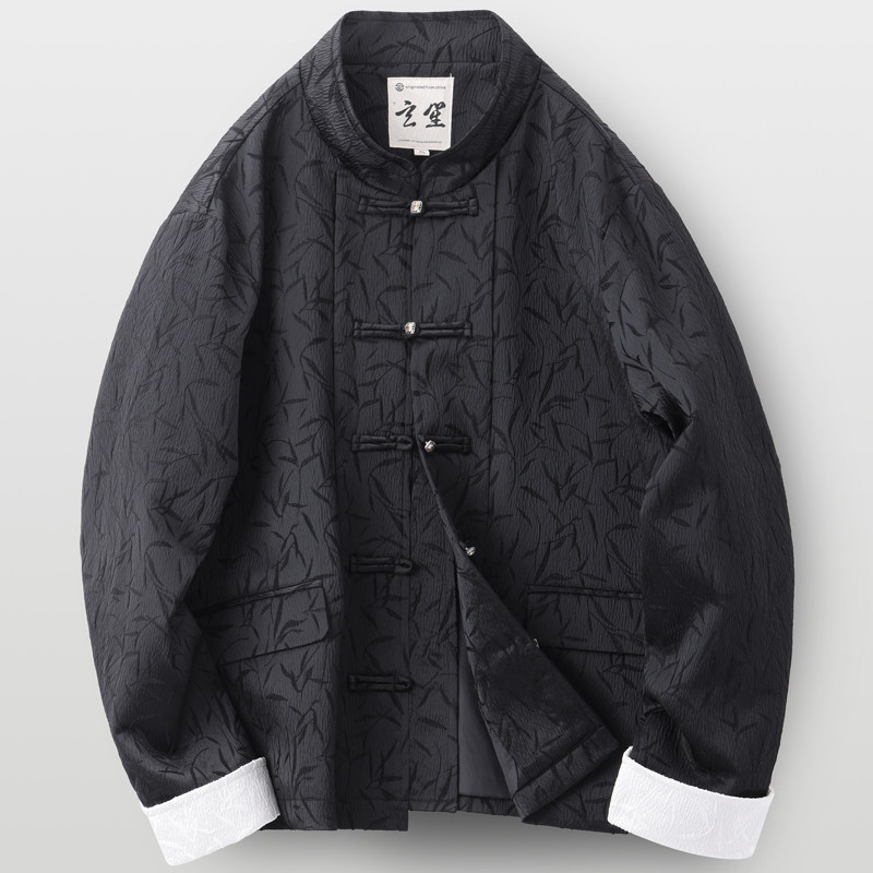 春秋款中国风男装唐装外套男新中式竹叶提花立领夹克宽松休闲上衣