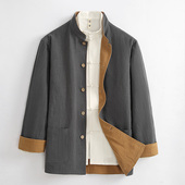 男中式 外套复古改良汉服男士 中山装 秋冬中国风亚麻唐装 服装 双面穿