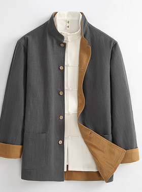 秋冬中国风亚麻唐装男中式外套复古改良汉服男士中山装服装双面穿