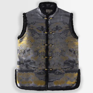 盘扣坎肩上衣 男加厚水貂领烫金提花马甲新中式 秋冬中国风男装 唐装