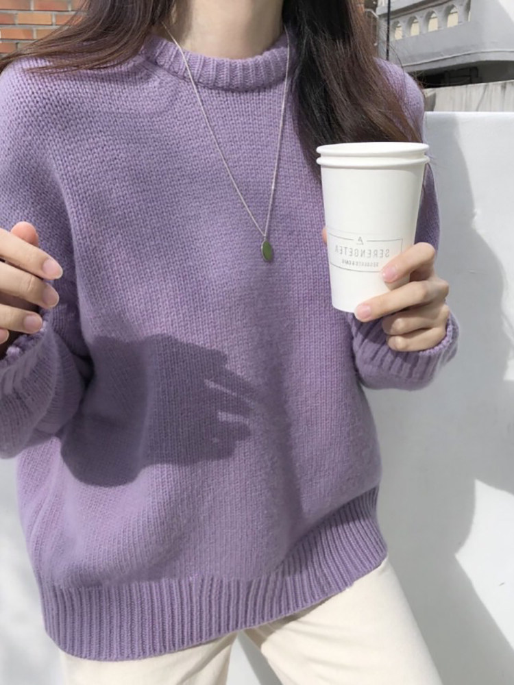 AUTUMN AND SPRING KOREAN CANDY COLOR SWEET AND CUTE LAVENDER ROUND NECK THICKENED WOOL THICK KNITTED PULLOVER ROUND NECK SWEATER WOMEN
