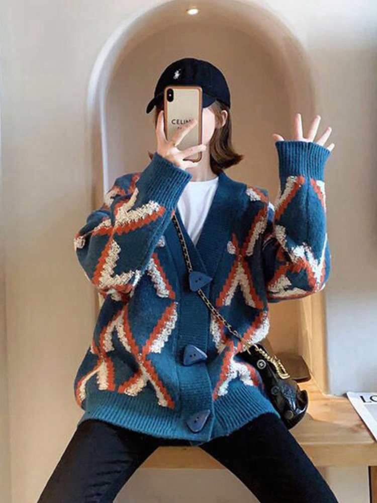 2024 새로운 가을 봄 겉옷 게으른 스타일의 유럽 니트 카디건 여성용 중간 길이 캐시미어 마름모 스웨터 재킷