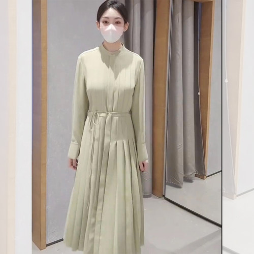 连衣裙女长袖收腰2023年春季中长款百褶裙气质显瘦新款法式高级感