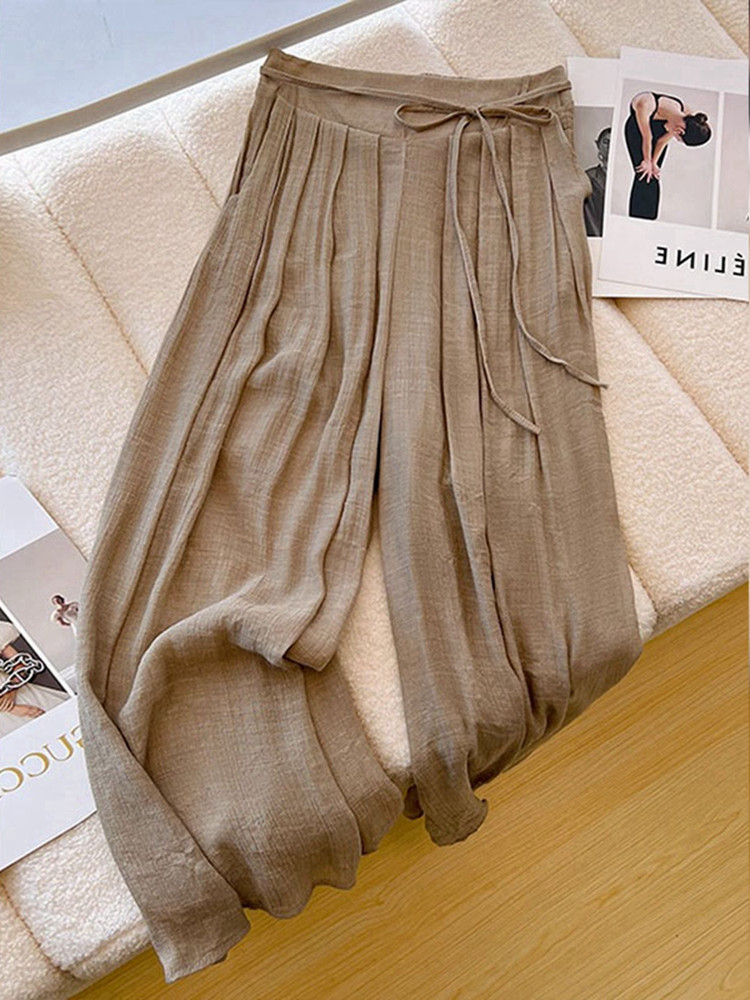 2024 NEW WOMENS SUMMER THIN PANTS HIGH WAIST DRAP STRAIGHT LEG PANTS PINK ICE SILK WIDE LEG CASUAL PANTS SMALL MAN