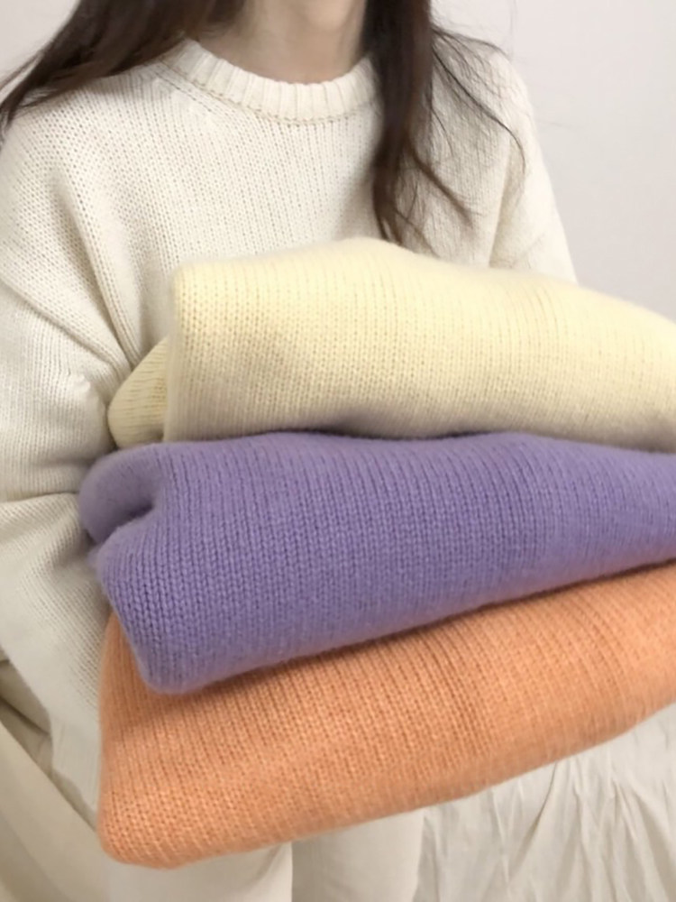 AUTUMN AND SPRING KOREAN CANDY COLOR SWEET AND CUTE LAVENDER ROUND NECK THICKENED WOOL THICK KNITTED PULLOVER ROUND NECK SWEATER WOMEN
