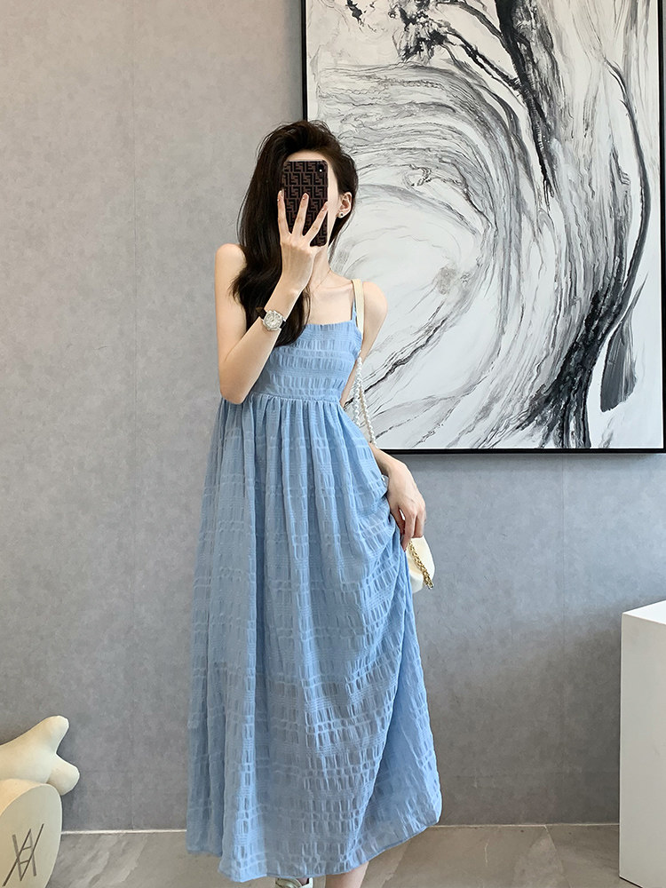 FRENCH SLIP DRESS 2024 SUMMER FAIRY STRIPED PLAID THIN HOT STYLE WAIST SLEEVELESS OVERSIZED SKIRT
