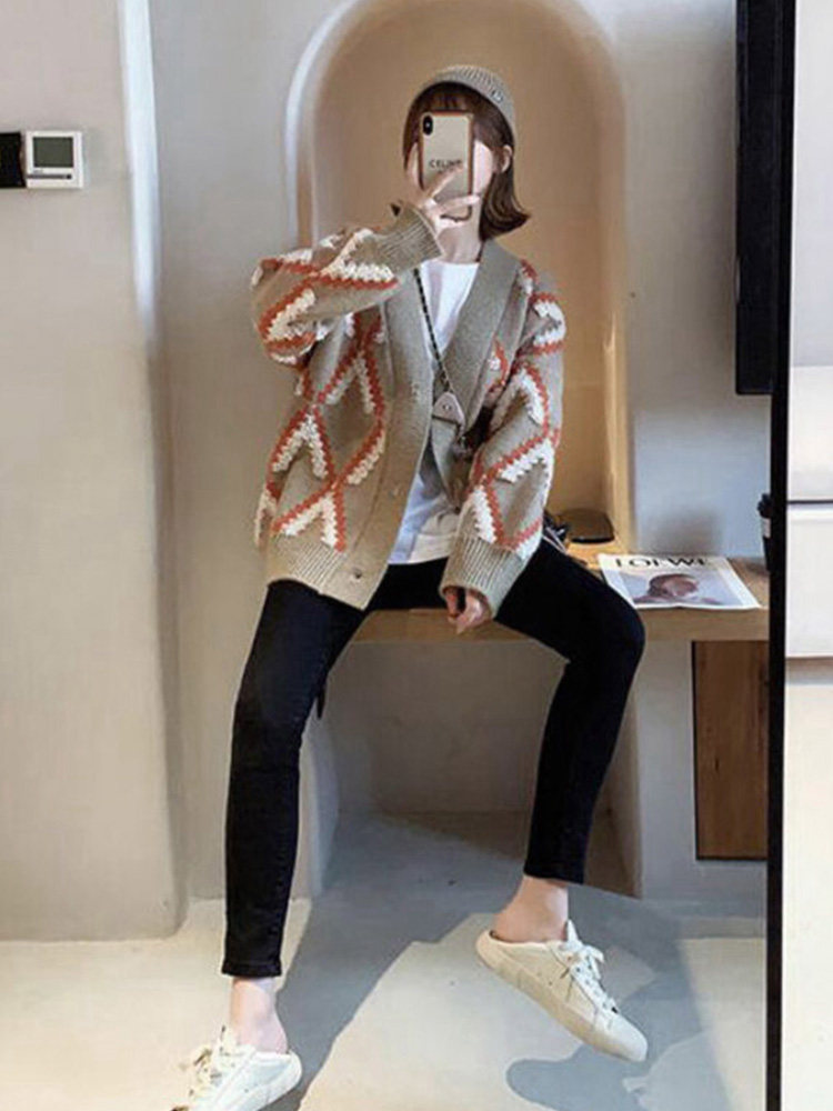 2024 새로운 가을 봄 겉옷 게으른 스타일의 유럽 니트 카디건 여성용 중간 길이 캐시미어 마름모 스웨터 재킷