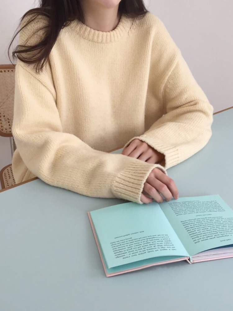 AUTUMN AND SPRING KOREAN CANDY COLOR SWEET AND CUTE LAVENDER ROUND NECK THICKENED WOOL THICK KNITTED PULLOVER ROUND NECK SWEATER WOMEN