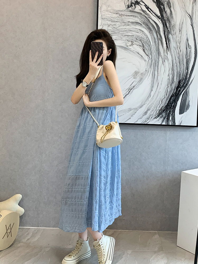 FRENCH SLIP DRESS 2024 SUMMER FAIRY STRIPED PLAID THIN HOT STYLE WAIST SLEEVELESS OVERSIZED SKIRT
