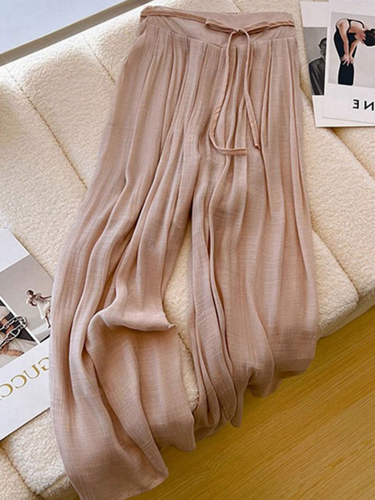 2024 NEW WOMENS SUMMER THIN PANTS HIGH WAIST DRAP STRAIGHT LEG PANTS PINK ICE SILK WIDE LEG CASUAL PANTS SMALL MAN