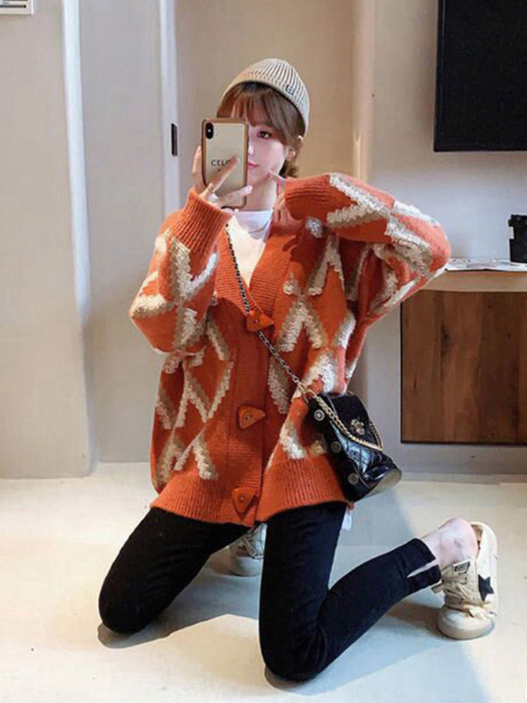 2024 새로운 가을 봄 겉옷 게으른 스타일의 유럽 니트 카디건 여성용 중간 길이 캐시미어 마름모 스웨터 재킷