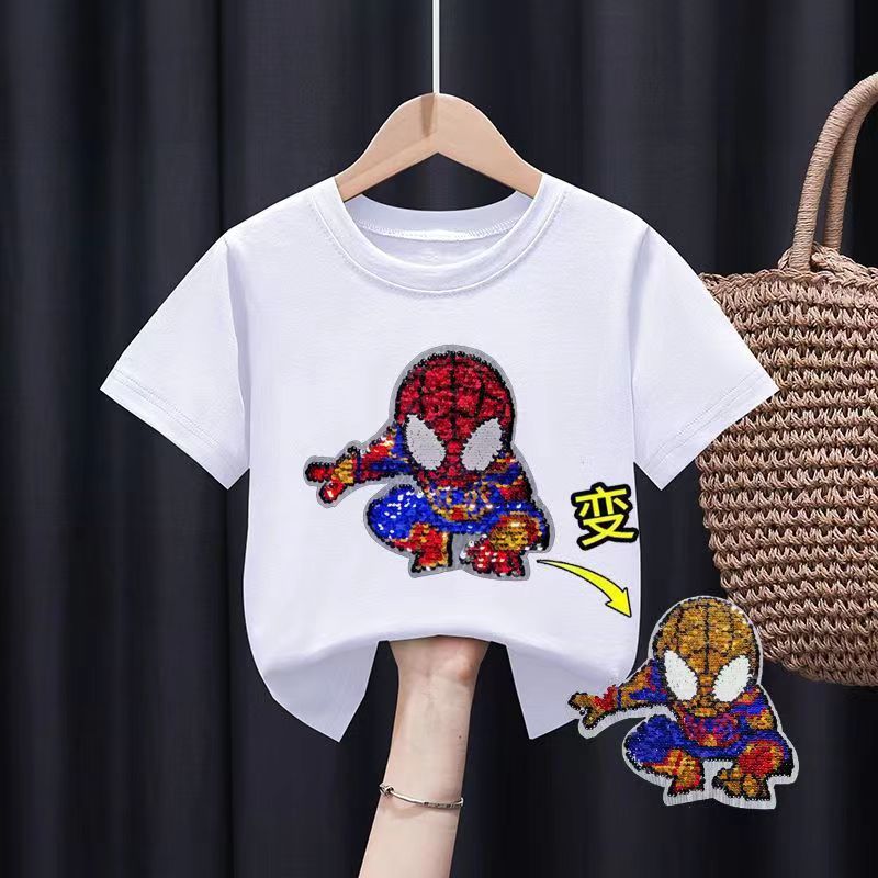 儿童亮片可变图案衣服男女会翻转变色的奥特曼恐龙蜘蛛侠夏天短袖
