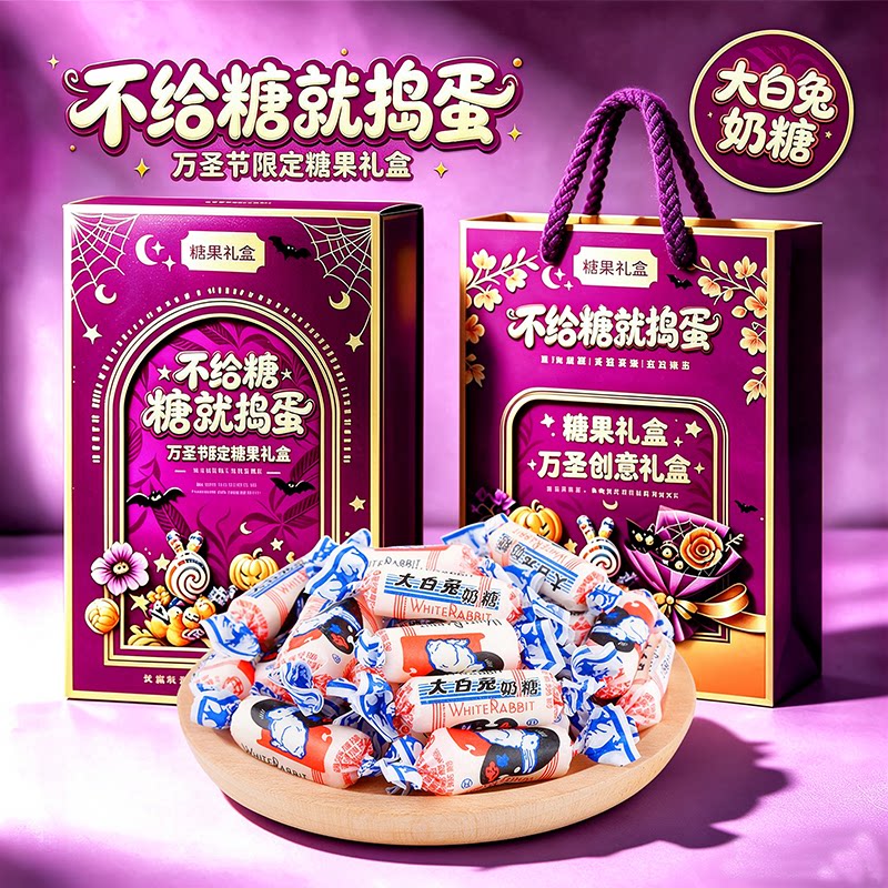 大白兔奶糖万圣节礼盒送朋友同学不给糖就捣蛋创意礼盒糖果350g起