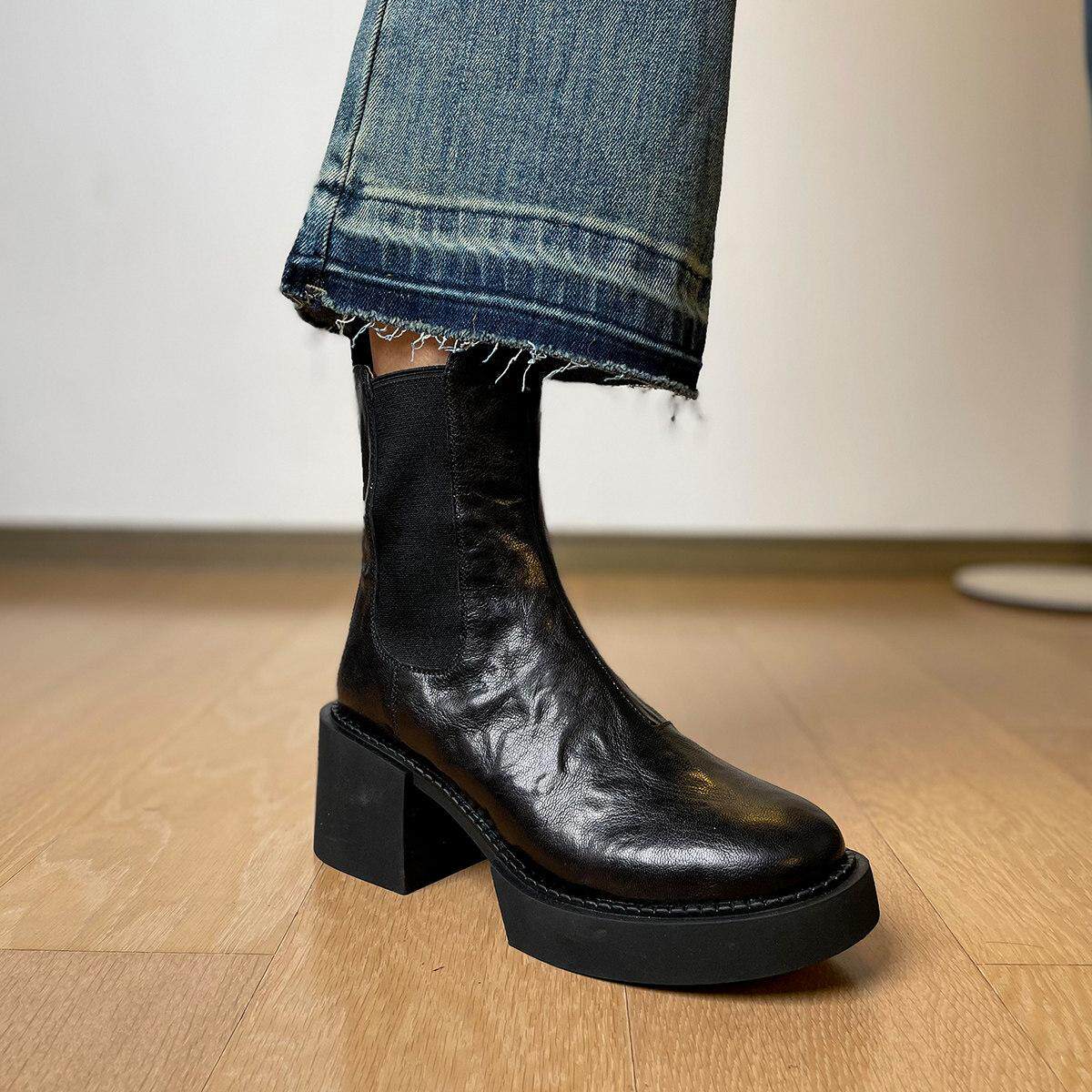 Find First小个子增高厚底短靴女冬防水台切尔西靴粗跟高跟烟筒靴