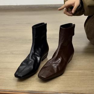 Dannyfrey法式 复古风复古方头短靴女真皮粗跟百搭瘦瘦靴切尔西靴