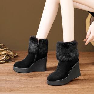 北西迪真皮10CM内增高短靴女磨砂皮厚底坡跟马丁靴百搭兔毛雪地靴