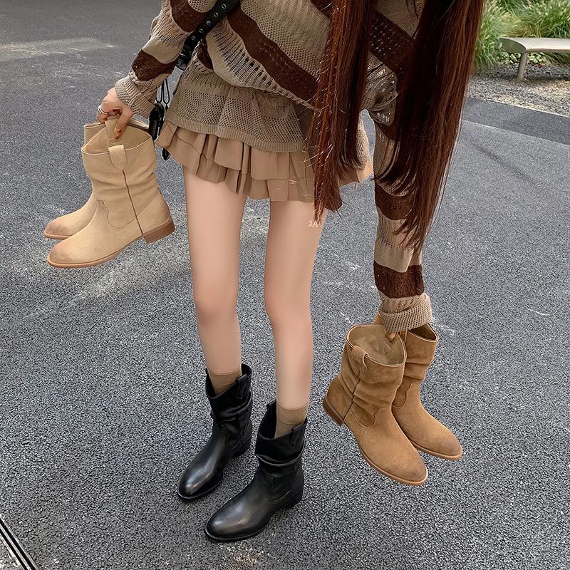 卡其色超火平底V口短靴女牛翻毛皮西部牛仔靴棕色美拉德堆堆靴子