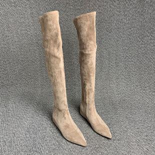 露涵思过膝长靴女秋冬新款 尖头内增高高筒靴显脚小弹力瘦瘦靴大码