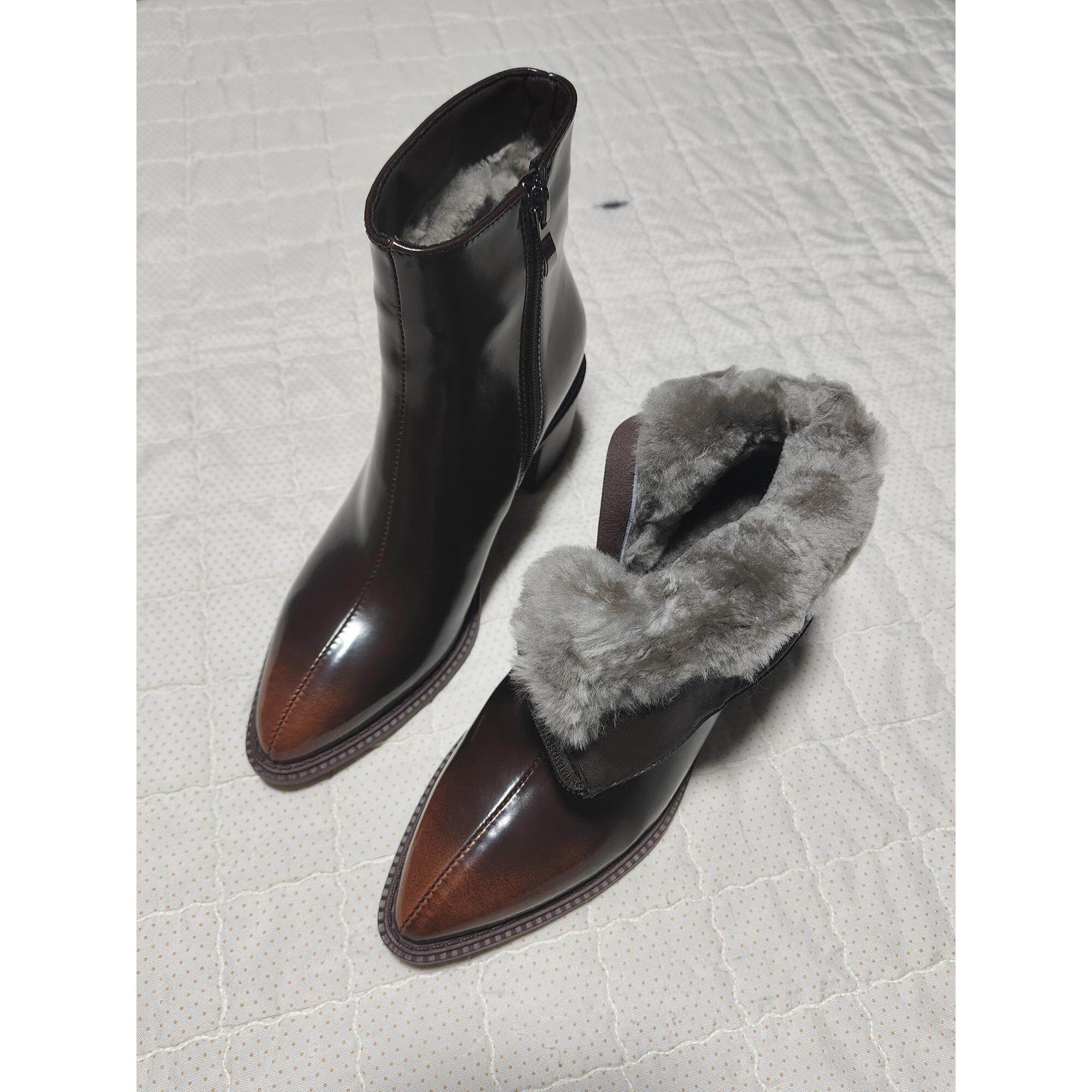 6cm棕色复古高跟尖头短靴加绒加厚大棉靴皮面皮毛一体羊毛雪地靴