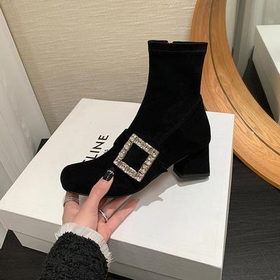 黑色绒面水钻方扣粗跟短靴女圆头小高跟弹力瘦瘦靴袜靴及踝靴秋冬