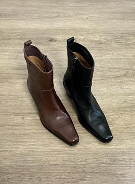 Dannyfrey秋冬新款法式复古风方头中跟短靴女百搭瘦瘦靴切尔西靴