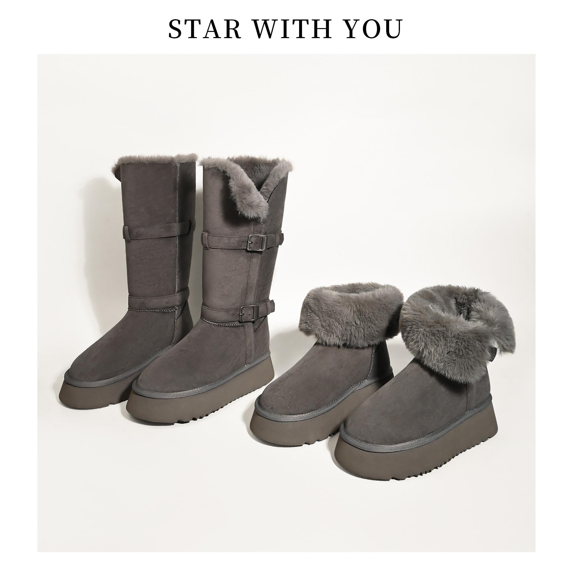 【STAR】冬季新款灰色厚底雪地靴时尚休闲加绒加厚女靴4cm