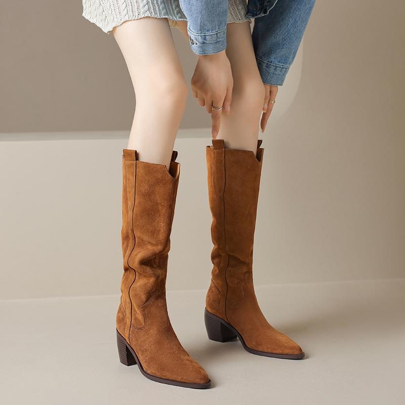 里外真皮爆款复古长筒靴女显瘦不过膝粗高跟磨砂牛皮骑士靴子