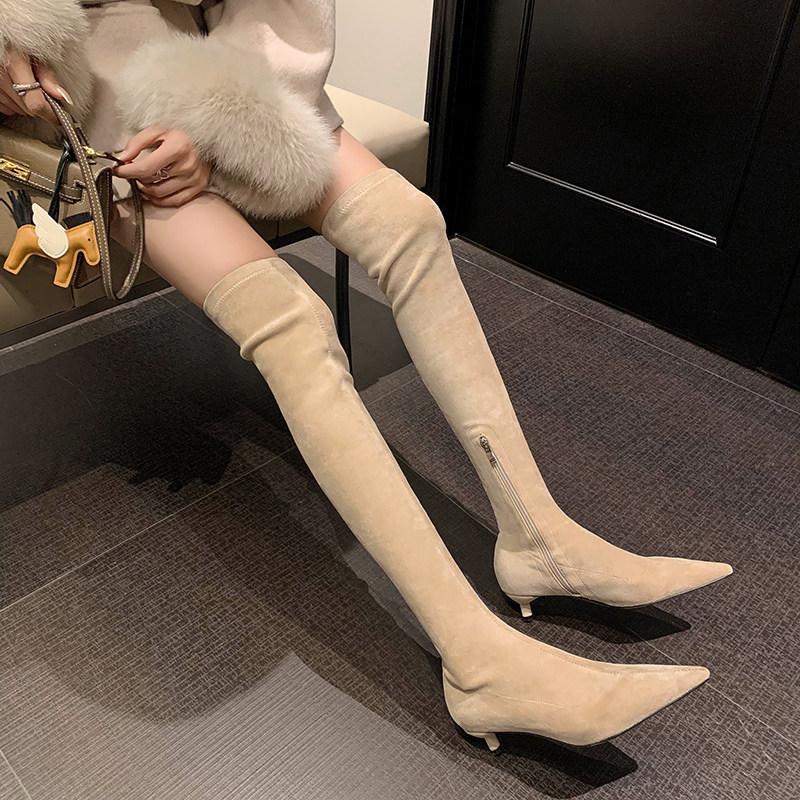 西鱼许过膝长靴女尖头秋冬弹力长筒靴卡其色靴子绒面长靴瘦瘦靴