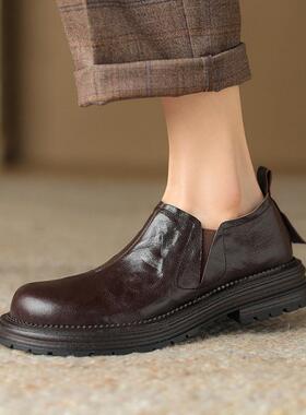 秀气了！头层羊皮深口单鞋女春秋一脚蹬小皮鞋英伦风乐福鞋真皮鞋