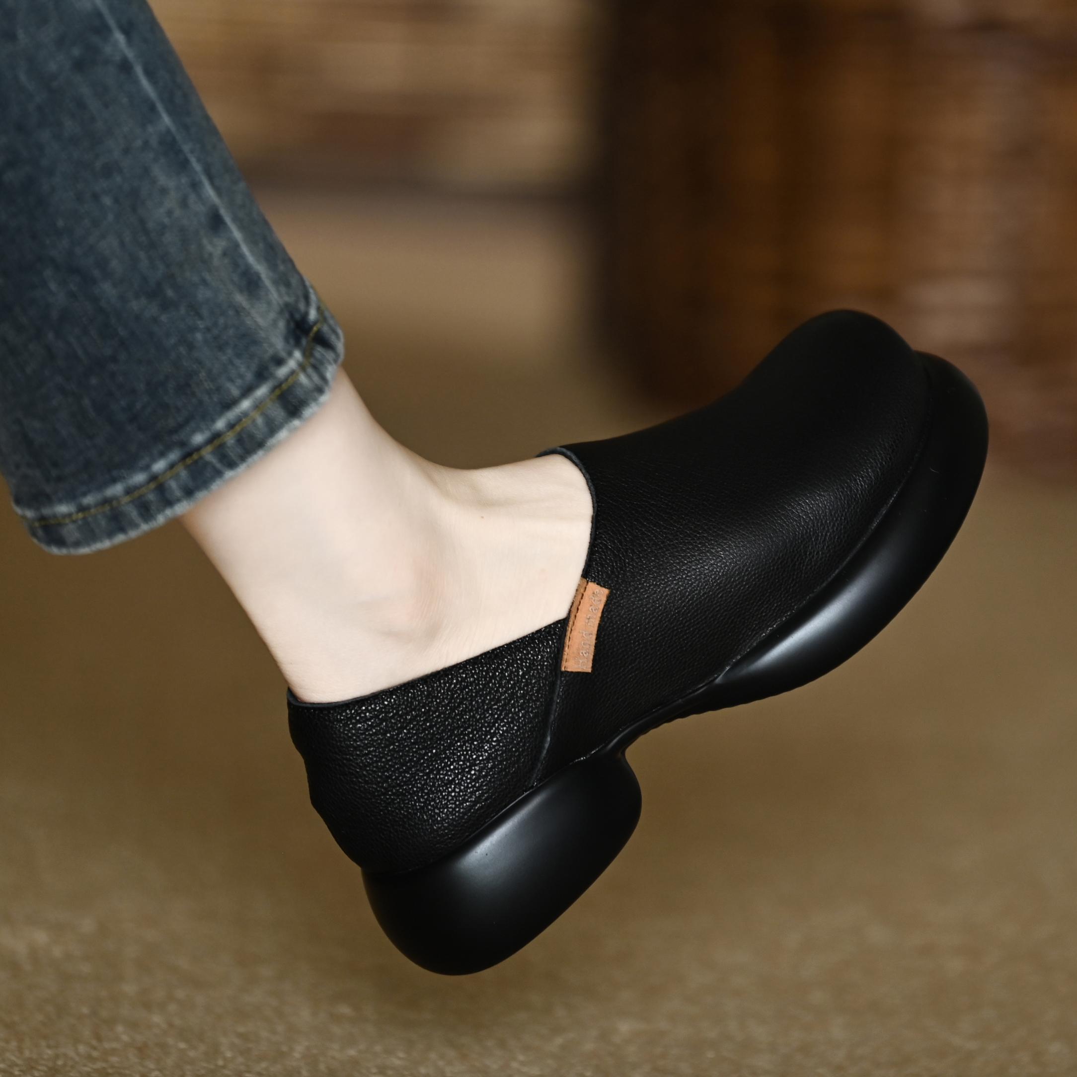 羊皮版！巨柔软~通勤圆头中跟深口单鞋女款休闲一脚蹬厚底小皮鞋