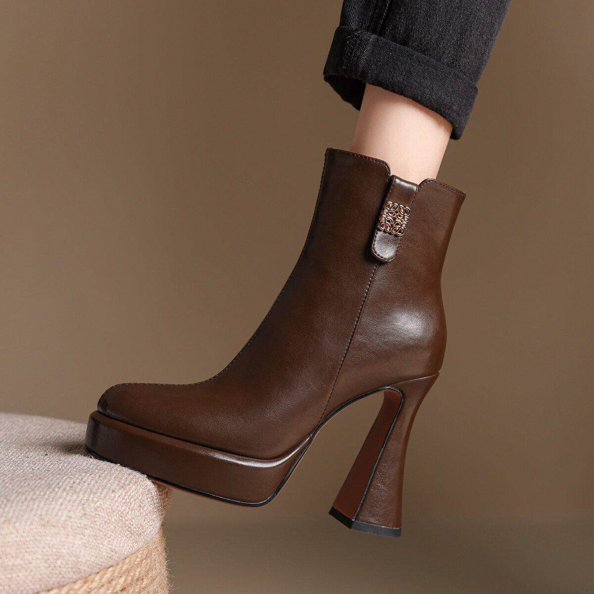 11.5cm防水台超高跟短靴女圆头粗跟厚底不累脚短筒单靴子真皮棕色