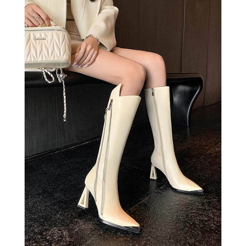 Two shoes ~ 真牛皮@白色尖头长靴女高跟靴子粗跟骑士靴长筒靴
