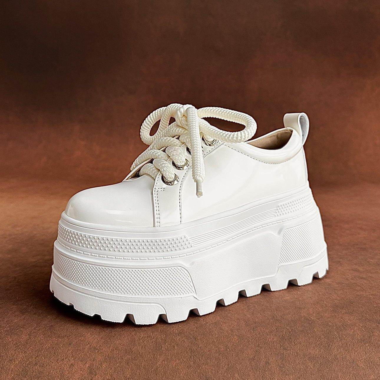 8cm漆皮白色系带休闲单鞋女真皮厚底增高小白鞋小个子松糕乐福鞋