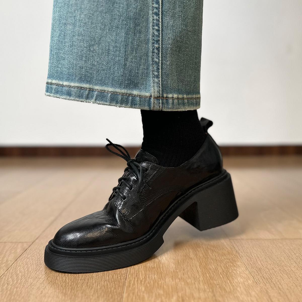 Find First羊皮英伦风德比厚底小皮鞋女系带乐福鞋粗跟高跟单鞋春