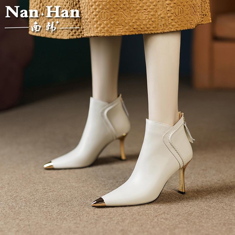 冬季真皮靴子女2025新款磨砂皮尖头细跟白色短靴气质加绒高跟女靴