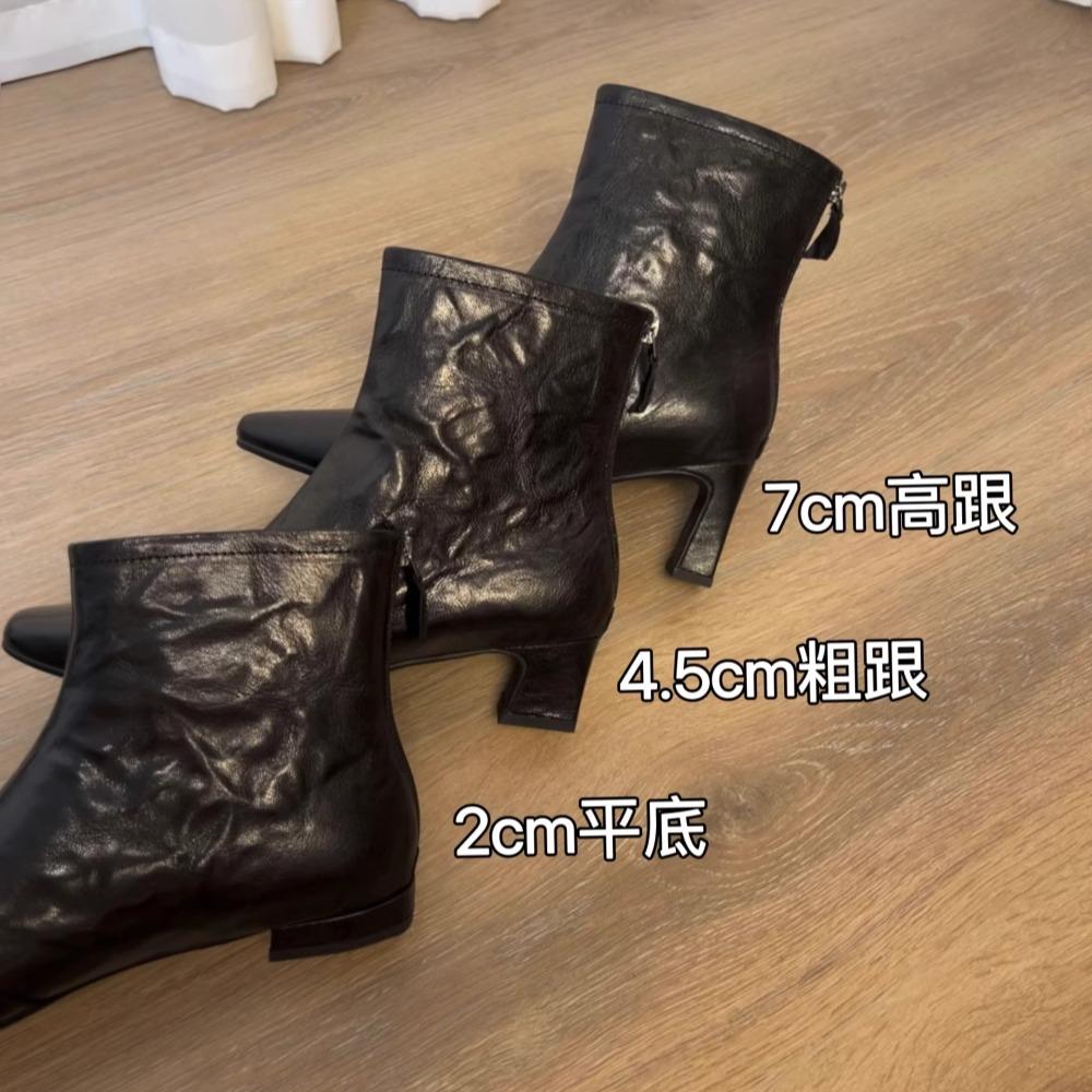 34-42三种跟高!头层手抓纹小羊皮短靴女复古增高显瘦粗跟高跟平底