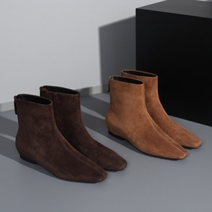 韩系 小方头小短靴瘦瘦靴后拉链2025年冬季 MIA羊反皮x牛皮里 法式