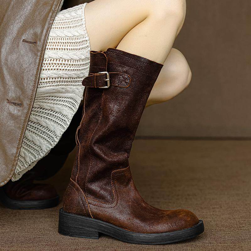 手工真皮~c位出道~美拉德风中跟骑士靴女秋冬复古做旧显瘦长筒靴