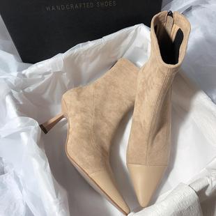 尖头细高跟真皮后拉链短靴简约拼接风优雅高跟时装 靴女